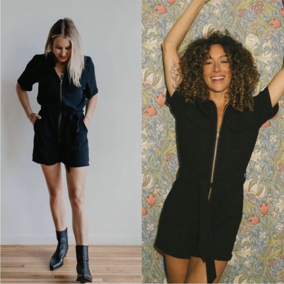 JACKSON ROWE Coretta Linen Blend Black Zip Up Romper - Picture 3 of 7